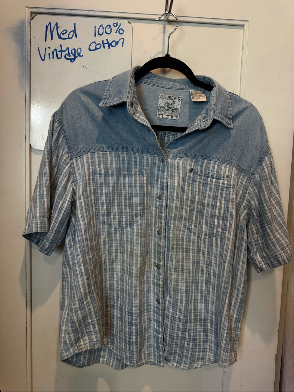 Vintage 100% Cotton Light Blue Plaid Short-Sleeve Button-Down Shirt